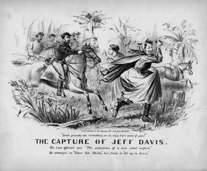 De gevangenneming van Jeff Davis: zijn laatste officiële daad De adoptie van een nieuw rebellenuniform: hij probeert zijn rokken schoon te maken, maar ontdekt dat het allemaal voorbij is in Dixie, gepubliceerd in New York, c.1865 door John Lawrence Giles